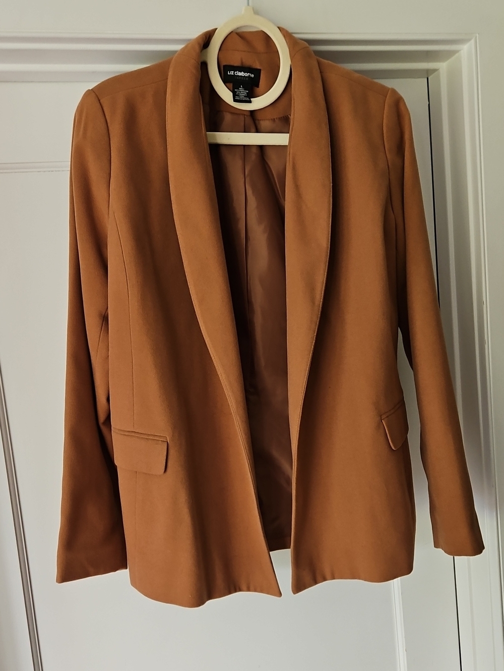 Liz Claiborne Career Open Front Shawl Collar Blazer Camel Tan Brown Size Large